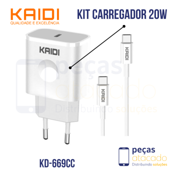 KIT CARREGADOR KAIDI USB C / TIPO C 20W (KD-669CC)