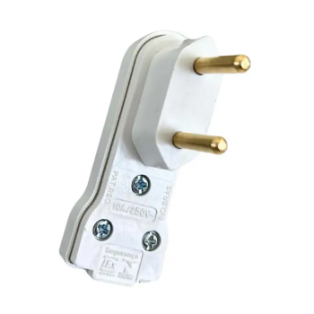 Plug macho 2P pinos 10A branco lateral 90