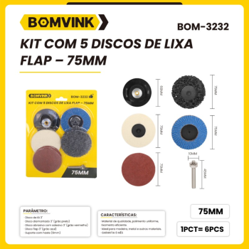 Kit 5 discos lixa flap 75mm Bomvink BOM-3232 adaptador
