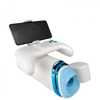 Masturbador recarregável movimentos vai e vem, suporte celular e controle de funções formato joystick.