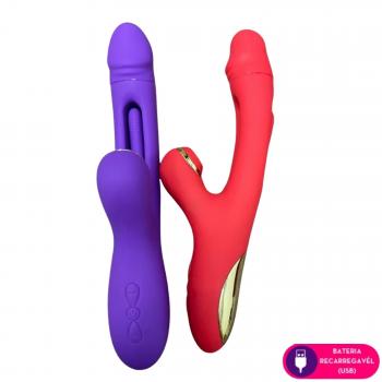 Vibrador com estimulador clitoriano por ondas de pressão e lingua com movimento vai e vem