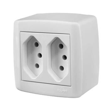 CONJUNTO MONOBLOCO CAIXA DE SOBREPOR COM 2 TOMADAS 20A 250V~ LINHA SLIM BOX BRANCA ILUMI REF.: 84121