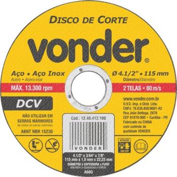 DISCO DE CORTE PARA AÇO INOX 115,0 X 1,0 X 22,23 MM - VONDER