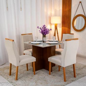 MESA JANTAR HELO MDF C/ VIDRO 0,90X0,90 C/4 CAD. LISBOA MADEIRA MACIÇA