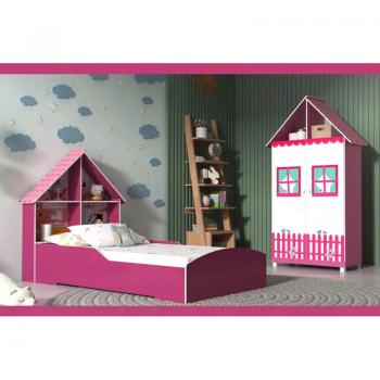 ROUPEIRO 1,21 + CAMA SOLTEIRO CASINHA ROSA/BRANCO