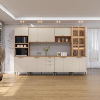 COZINHA SELENE 6PÇS 100%MDF 17PTS 2GAVS C/VIDRO E LED 3,30