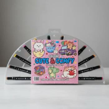 LIVRO PARA COLORIR CUTE E COMFY PARA ADULTOS  C/12 MARCADORES PONTA DUPLA