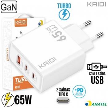 Carregador 65W Turbo 2 Tipo C PD + USB KD-665 Kaidi