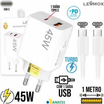 Carregador Turbo 45W Tipo C + USB + Cabo Tipo C 1m LE-407 A+C Lehmox - Branco
