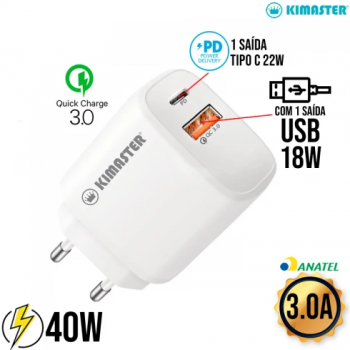 Carregador Turbo 40W Tipo C + USB T110 Kimaster - Branco