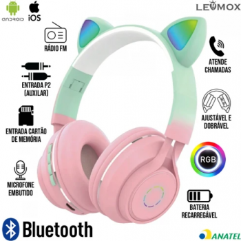 Headphone Bluetooth Gatinho LEF-1037 Lehmox - Rosa Verde