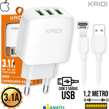Kit Carregador 3 USB + Cabo Lightning 1,2m KD-557A Kaidi