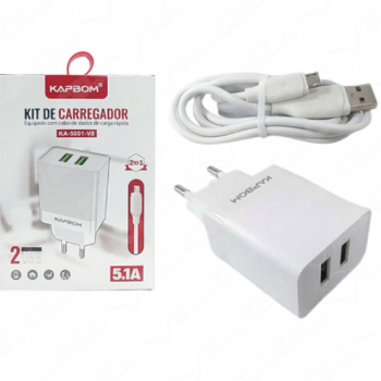 Carregador Fonte de Tomada Rapido V8 5v 5.1A Usb Duplo (KA-5001-V8) - 1m