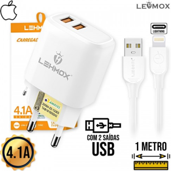 Kit Carregador 2 USB + Cabo Lightning 1m LE-497 Lehmox - Branco