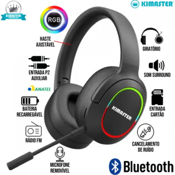 Headset Gamer Bluetooth RGB K25 Kimaster - Preto
