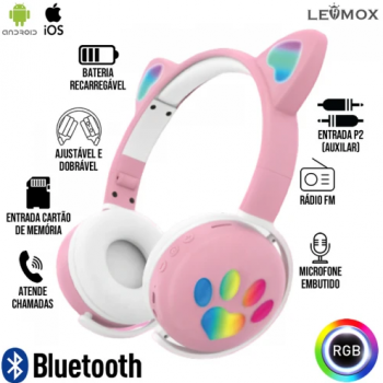 Headphone Bluetooth Gatinho LEF-1018 Lehmox - Rosa