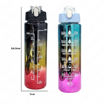 Garrafa Squeeze c/ Marcador de Tempo Adesivos p/ Decorar e Canudo 900ml (KA-081)