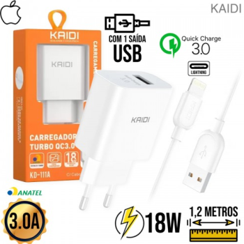 Kit Carregador 1 USB Turbo + Cabo Lightning 1,2m KD-111A Kaidi