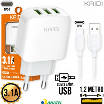 Kit Carregador 3 USB + Cabo Tipo C 1,2m KD-557C Kaidi