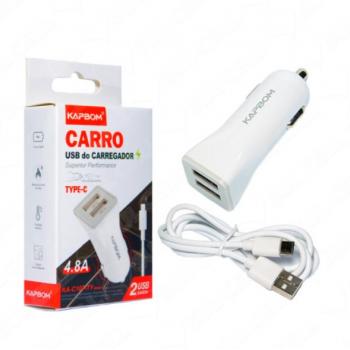 Carregador Fonte Veicular Rapido 5v 4.8 Usb Duplo Cabo Remov Tipo C (KA-C107-TY)