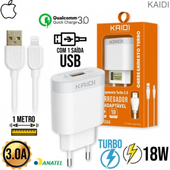 Kit Carregador 1 USB Turbo 18W + Cabo Lightning 1m KD-550A Kaidi