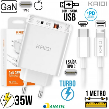 Kit Carregador Tipo C PD Turbo 35W + Cabo Lightning 1m KD-671CL Kaidi