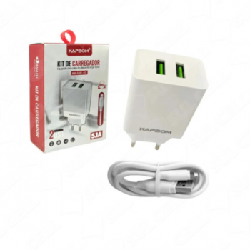 Carregador Fonte de Tomada Rapido Iphone 5v 5.1A Usb Duplo (KA-5001-5G) - 1m
