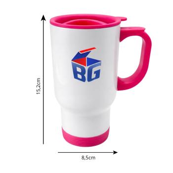CANECA TERMICA DE INOX BRANCO COM TAMPA VIAGEM BASE ROSA 475 ML