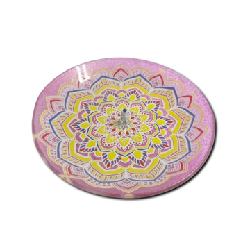Porta Incenso Redondo - Mandala - Rosa e Amarelo  - Vidro - 11027