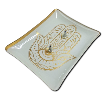 Porta Incenso Retangular - Mão Hansa - Branco e Dourado - Vidro - 11014