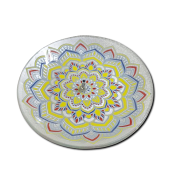 Porta Incenso Redondo - Mandala - Amarelo e Prata  - Vidro - 11026