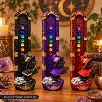 Porta Incenso Gato com vassoura 7 Chakras Vertical - 13815-1