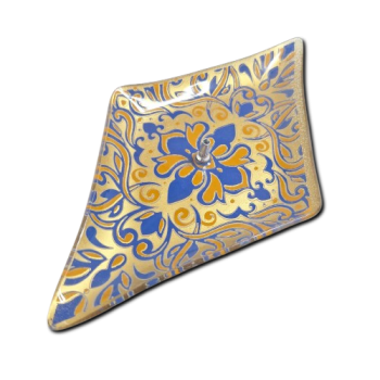 Porta Incenso Losango - Tribal - Laranja/Azul e Dourado - Vidro - 11019