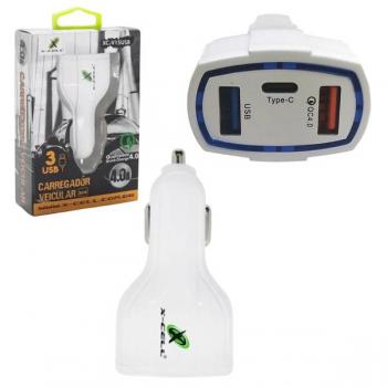 Carregador Veicular Branco com 2 Portas USB 4.0 e 1 Porta USB-C 30w XC-V15USB X-Cell