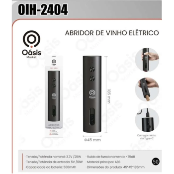 ABRIDOR DE GARRAFA VINHO RECARREGAVEL OASIS IH-2404