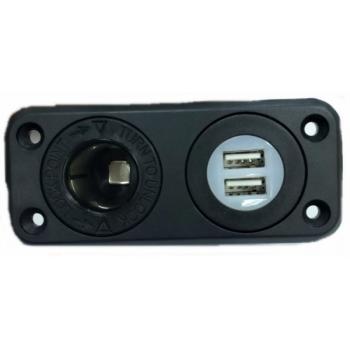 PAINEL DUPLO 1 TOMADA 12V/24V + 2 USB PRETO
