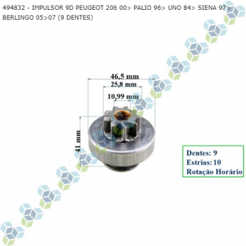 IMPULSOR RENAULT CLIO KANGOO 206 ECOSPORT 1.0 16V (9 DENTES) MOTOR DE PARTIDA SIMILAR: ZEN0965 SIMILAR: 494828