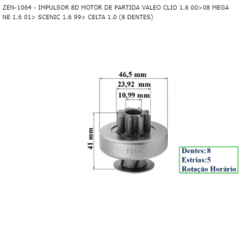 IMPULSOR RENAULT CLIO 1.6 00>08 MEGANE 1.6 01> SCENIC 1.6 99> CELTA 1.0 (8 DENTES) 8D MOTOR DE PARTIDA VALEO SIMILAR: ZEN1064 SIMILAR: 494830
