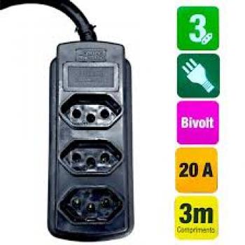 Extensão Forceline 3 Tomadas Bivolt 20A com 3 Metros - Force Line