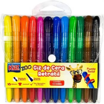 Giz de Cera com 12 Cores Retratil Twist Kaz