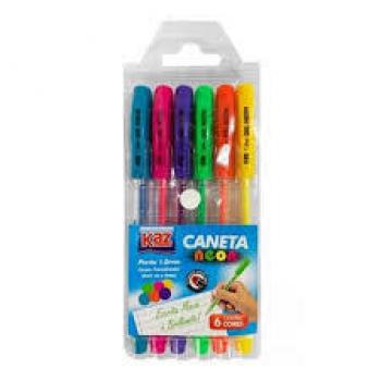 Caneta Esferográfica 1.0 Gel Neon 6 cores - Kaz