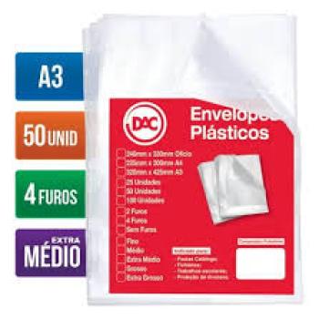 Envelope Plástico A3 Espessura Extra Médio e 4 Furos - 50 unid - 5324-50