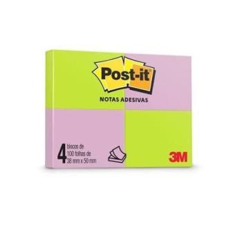 Post It 3M Recado  Adesivo- Neon Sortido - 4 Blocos de 38x50 com 100 Fls