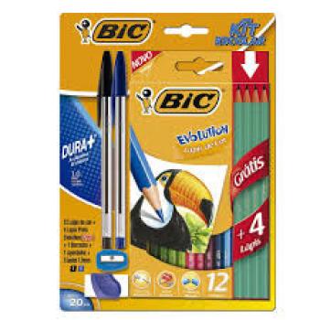 Kit Escolar BIC, Lápis de Cor 12 cores + 4 Lápis Preto Evolution + 2 Canetas Cristal + 1 Borracha + 1 Apontador,