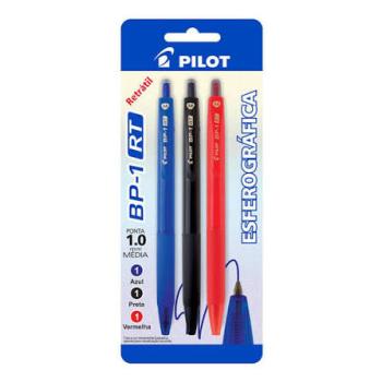 Caneta Esferografica BP1 Retratil 1.0 AZ/PT/VERM bliter com 3 canetas Pilot