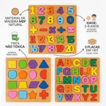 Tabuleiro Educativo 3 Peças - Numero- Letras-Formas - Arkbrasil