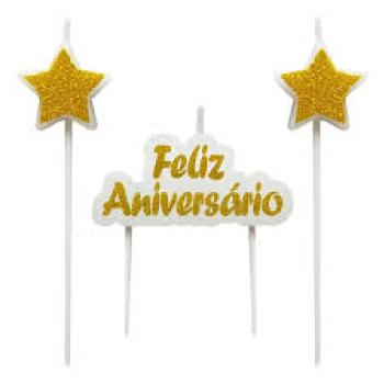 Vela Topo de Bolo  Feliz Aniversário com Estrelas -Make+