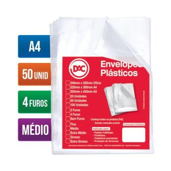 Envelope Plástico A4 Espessura Média e 4 Furos - com 50 unid - 5078A4-50
