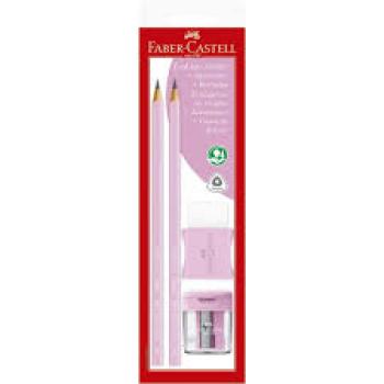Kit Escolar 4 Peças Lápis, Apontador, Borracha Rosa Pastel Faber Castell