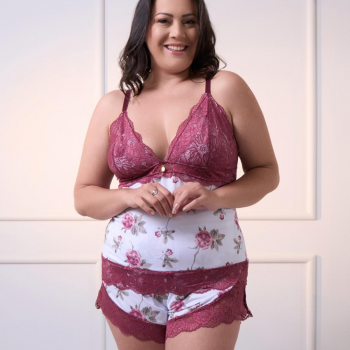 BABY DOLL YASMINNE PLUZ SIZE LIGANETE ESTAMPADA E RENDA S/BOJO